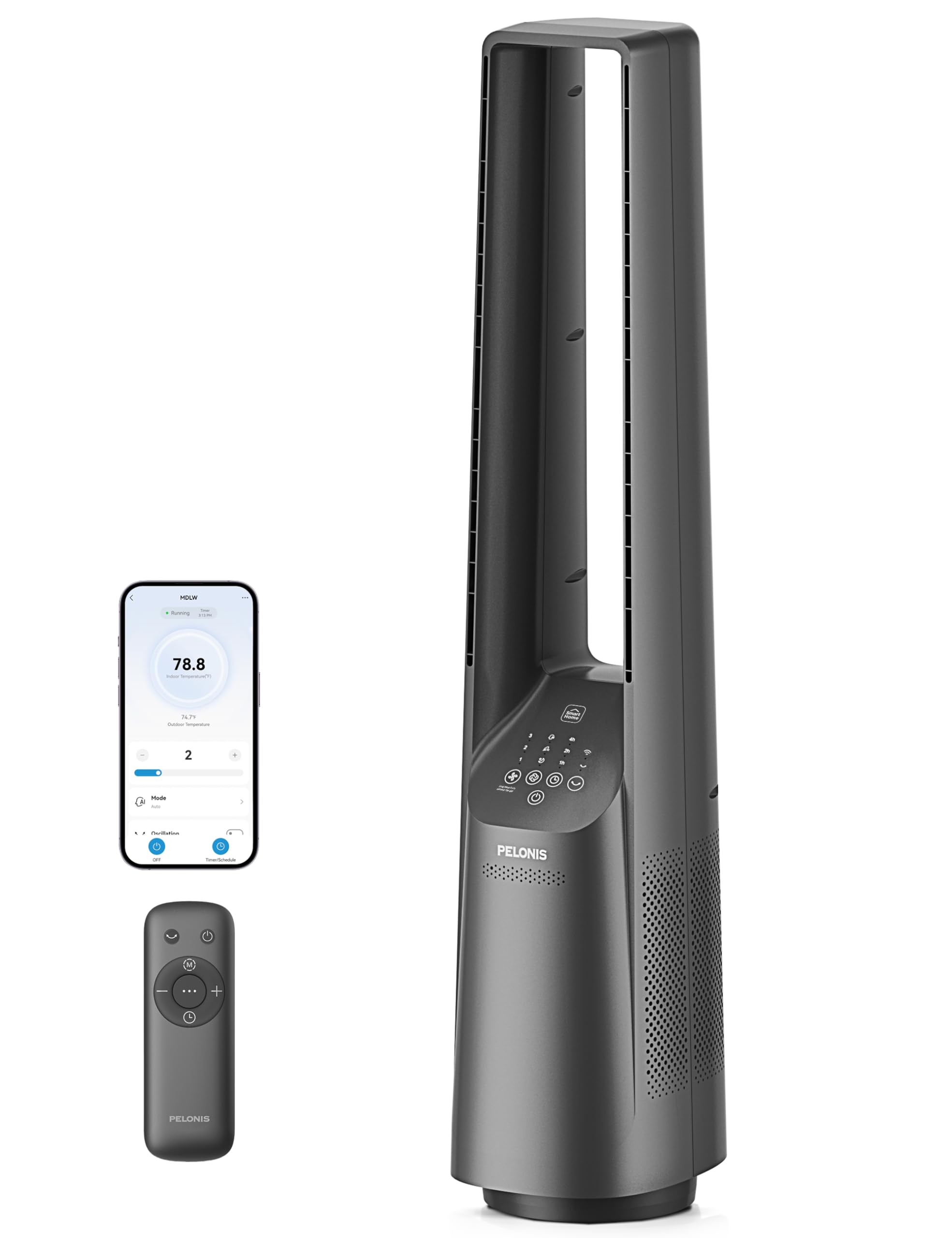 Photo 1 of PELONIS 40" Smart Bladeless Fan for Bedrrom - Tower Fan, Alexa/Google/WiFi, DC Motor, 6 Speeds, 4 Modes, Remote, 7H Timer, 90° Oscillation, Safe for Home and Office