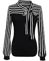Goddessvan Women Casual Tie-Bow Neck Striped Long Sleeve Splicing Shirt Blouse