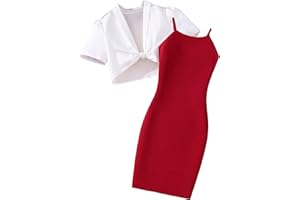 OYOANGLE Girl's 2 Piece Outfits Floral Print Sleeveless Cute Cami Dresses and Short Sleeve Lettuce Trim Tie Front Top Sets