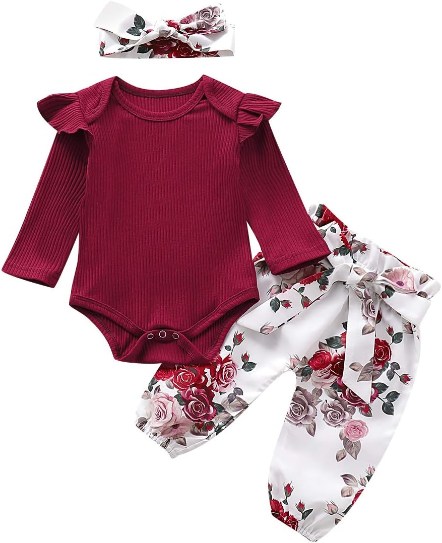 Newborn Baby Girls Clothes, Infant Kids Toddler Long/Short Sleeve Ruffle Romper Bodysuit and Floral Pants Set Outfits