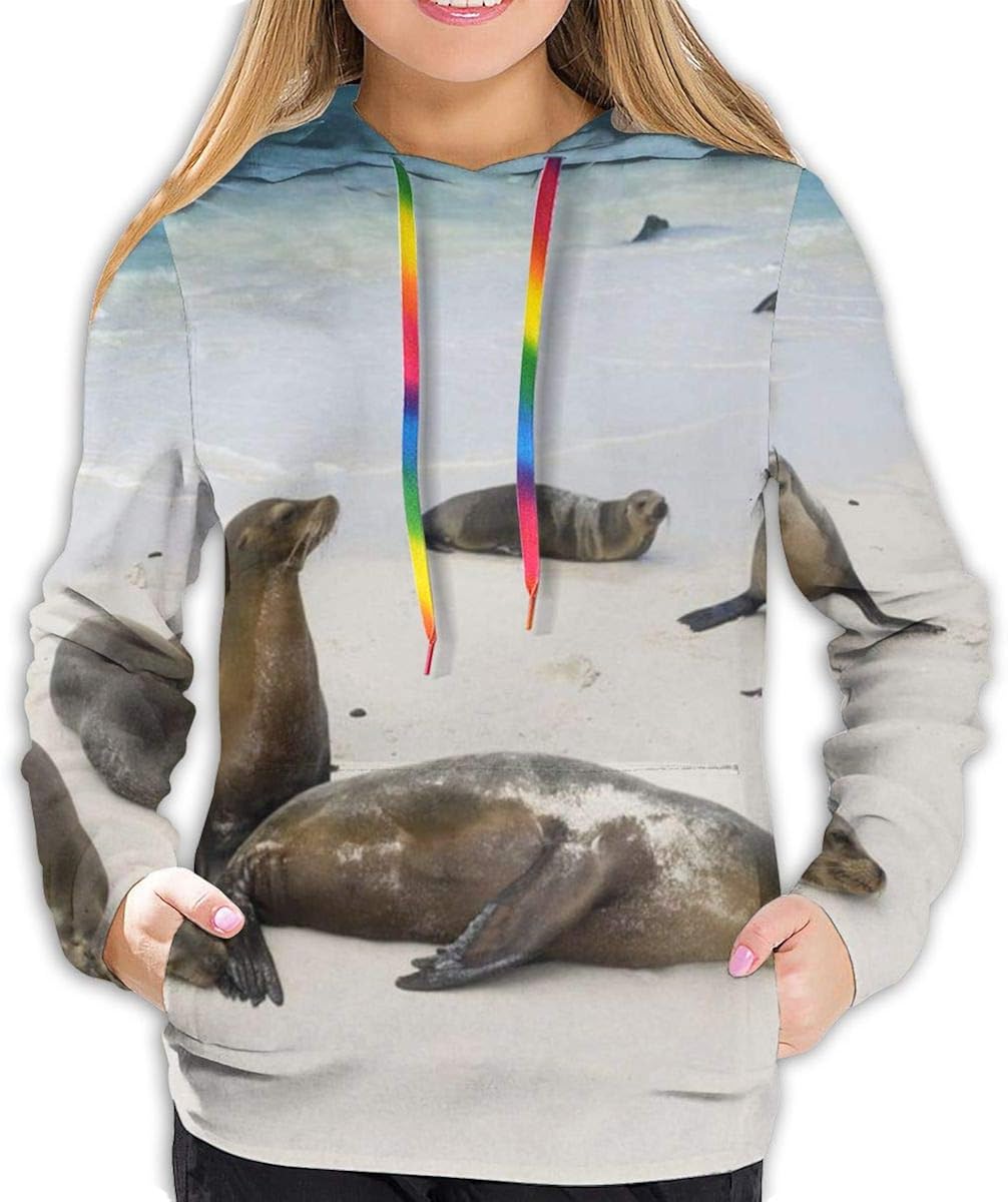 Women's Hoodies Tops,Galapagos Island Sea Lions at Sandy Beach Seascape