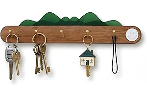 JUNOAK Key Holder for Wall, Acrylic Mountain Solid Wood Key Holder Wall Mount with 5 Premium Pure Copper Hooks, Decorative Wo