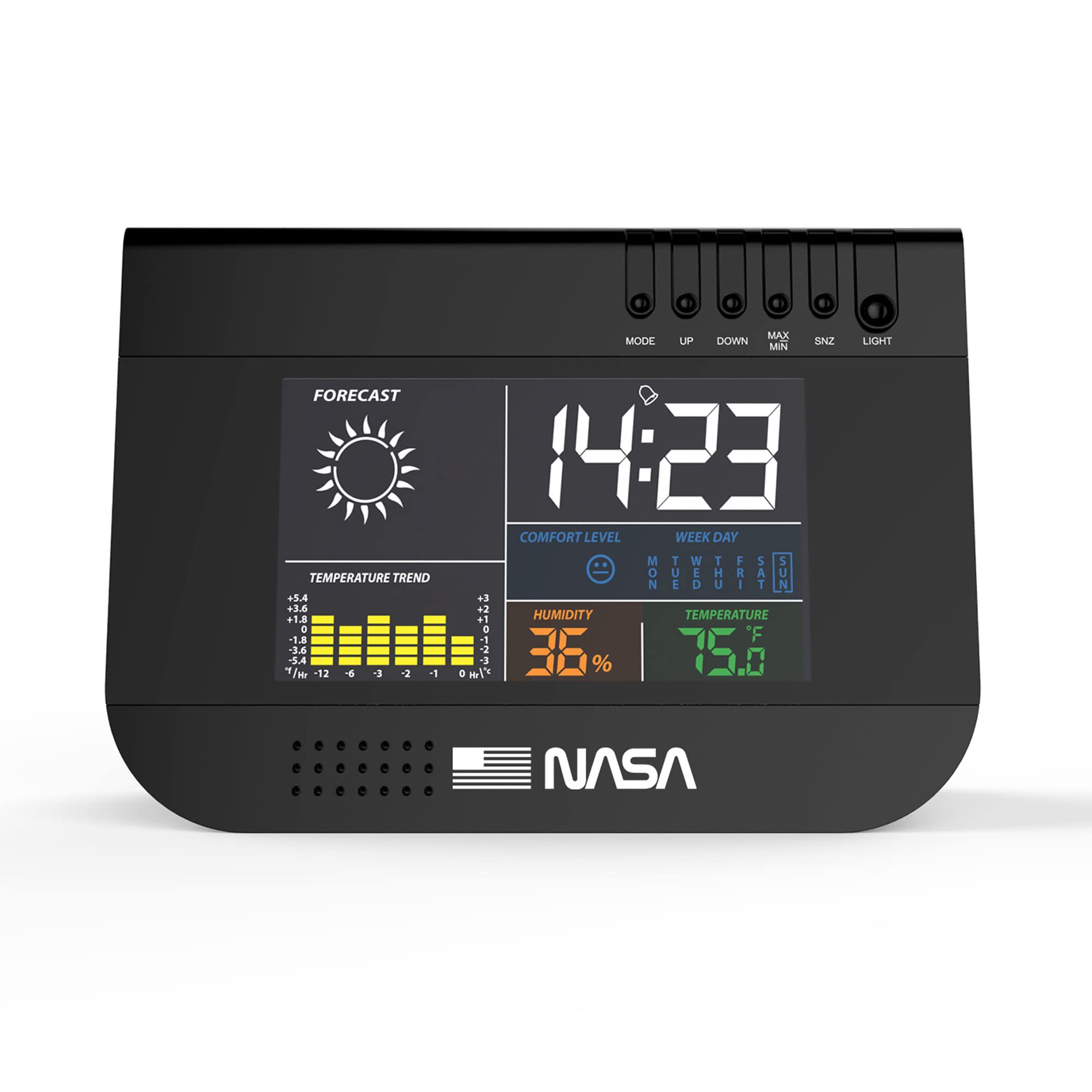NASA WS100 - Weather Station, 3.3" LCD Display, AA Batteries, Calendar/Clock/Alarm Functions - Black