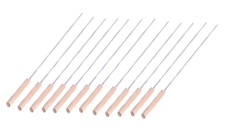 Pindia 12 PC 40 cms Reusable BBQ Skewer Steel Needle with Wooden Handle Tandoori Grill, kabab Skewer