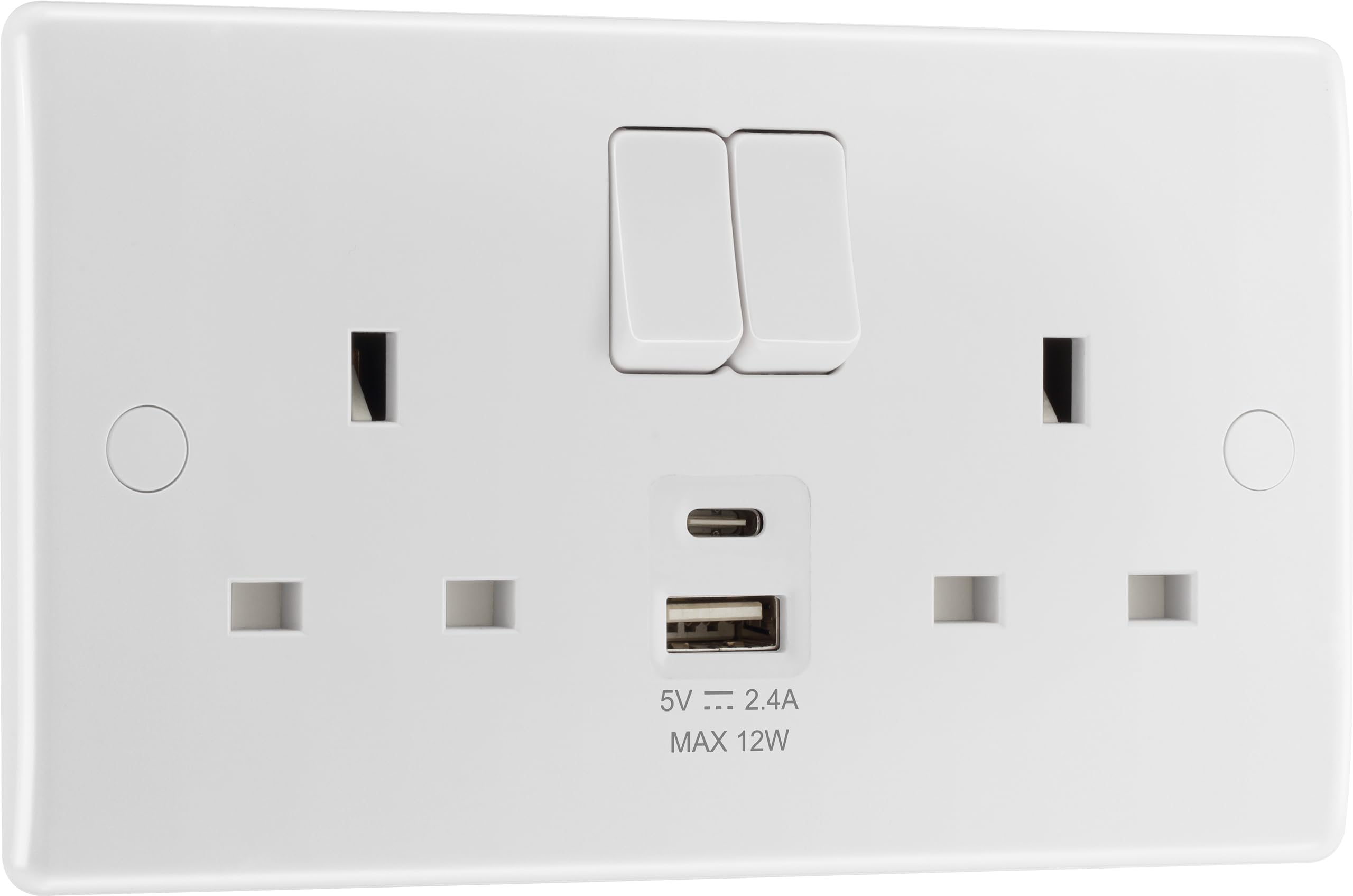 BG Electrical 12W Double Switched Power Plug Socket Socket with Two Type A USB Charging Ports, Round Edge, Nexus 800 Series, White Moulded, 13A, 822UAC12