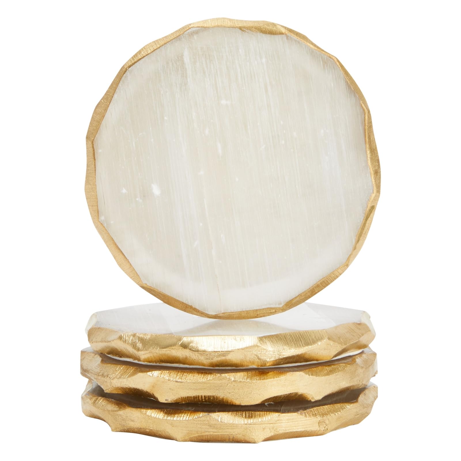 Photo 1 of 4 Pack Natural Selenite Crystal Coasters for Drinks, Geode Slices with Gold Painted Edge (3.75-4 in Coaster)