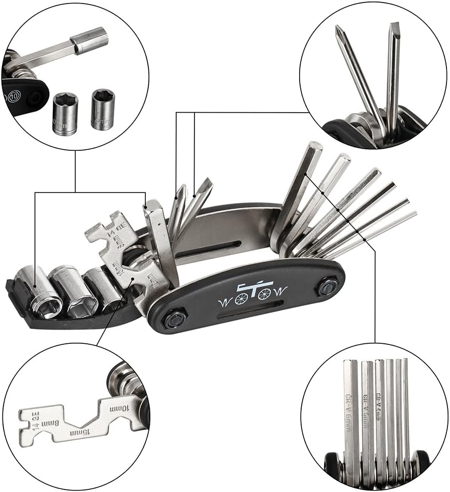 WOTOW 16 in 1 Multi-Function Bike Bicycle Cycling Mechanic Repair Tool Kit with 3 pcs Tire Pry Bars Rods : Sports & Outdoors