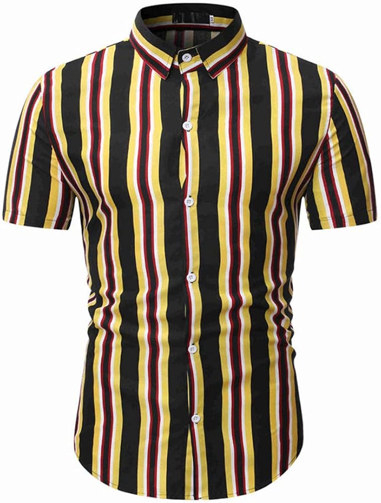 CFWL Men's Casual Striped ShortSleeved Shirt Black and Yellow Striped