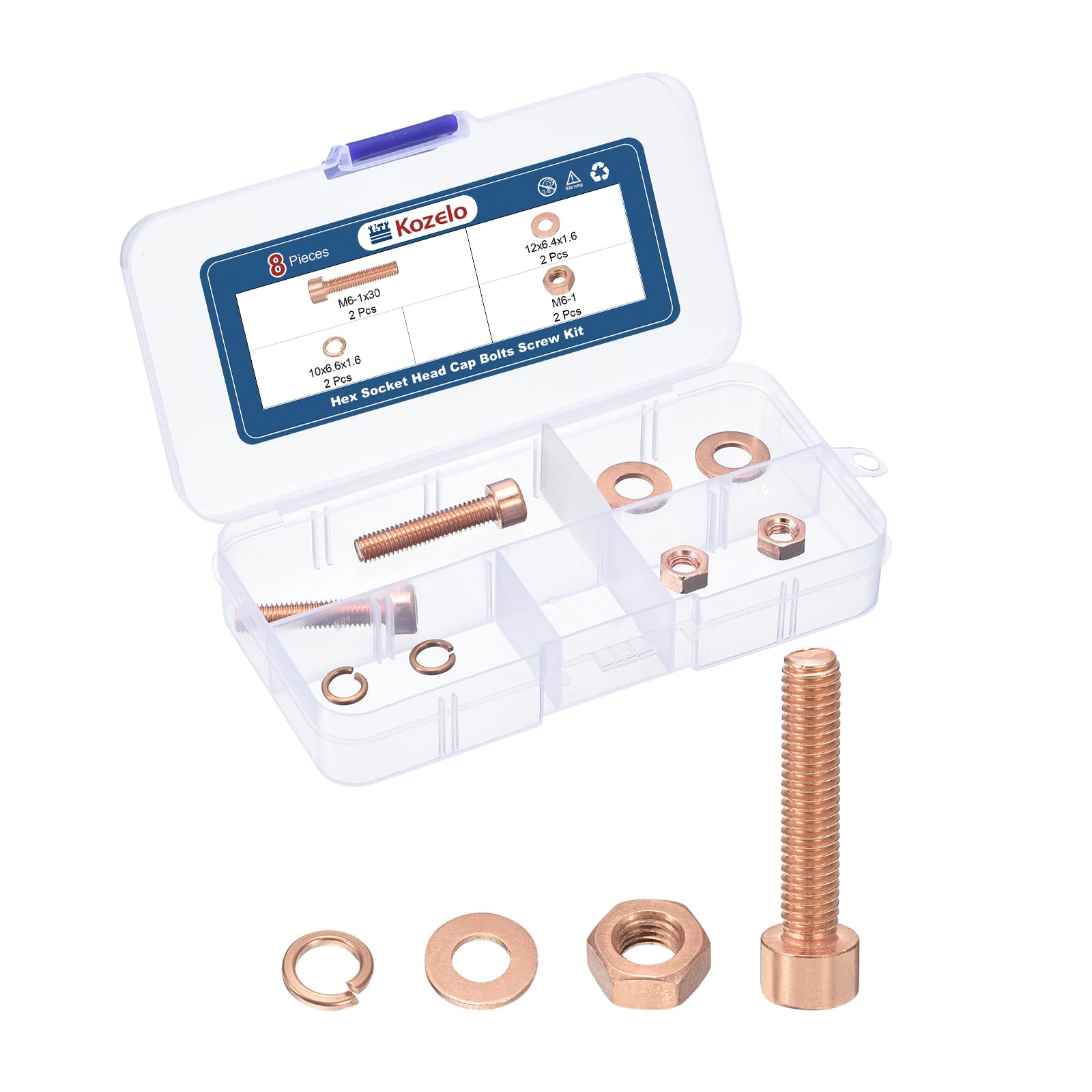 Kozelo 8pcs M6 Socket Head Cap Screws Bolts Nuts Assortment Kit - [M6-1x30mm] Red Copper Fully Threaded Hex Screw for 3D Printer Use