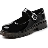 XSE Women's Mary Jane Flats in Black Chunky Comfortable Non-Slip Sole Cute Dressy Design for Casual School or Work for Mary Jane Women Shoes