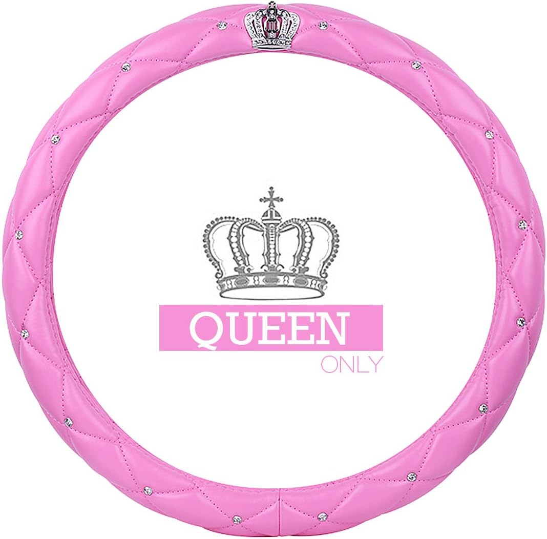 Queen's Car Steering Wheel Cover with Noble Crown + Bling Diamond + Soft Leather Auto Stylish + Elegant Collection Accessories Universal 15"/38cm (QUEEN ONLY) (A - Pink)