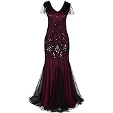 Women Vintage 1920s Gatsby Flapper Evening Party Dress V Neck Art Deco Sequins Mermaid Hem Cocktail Formal Long Maxi Gown