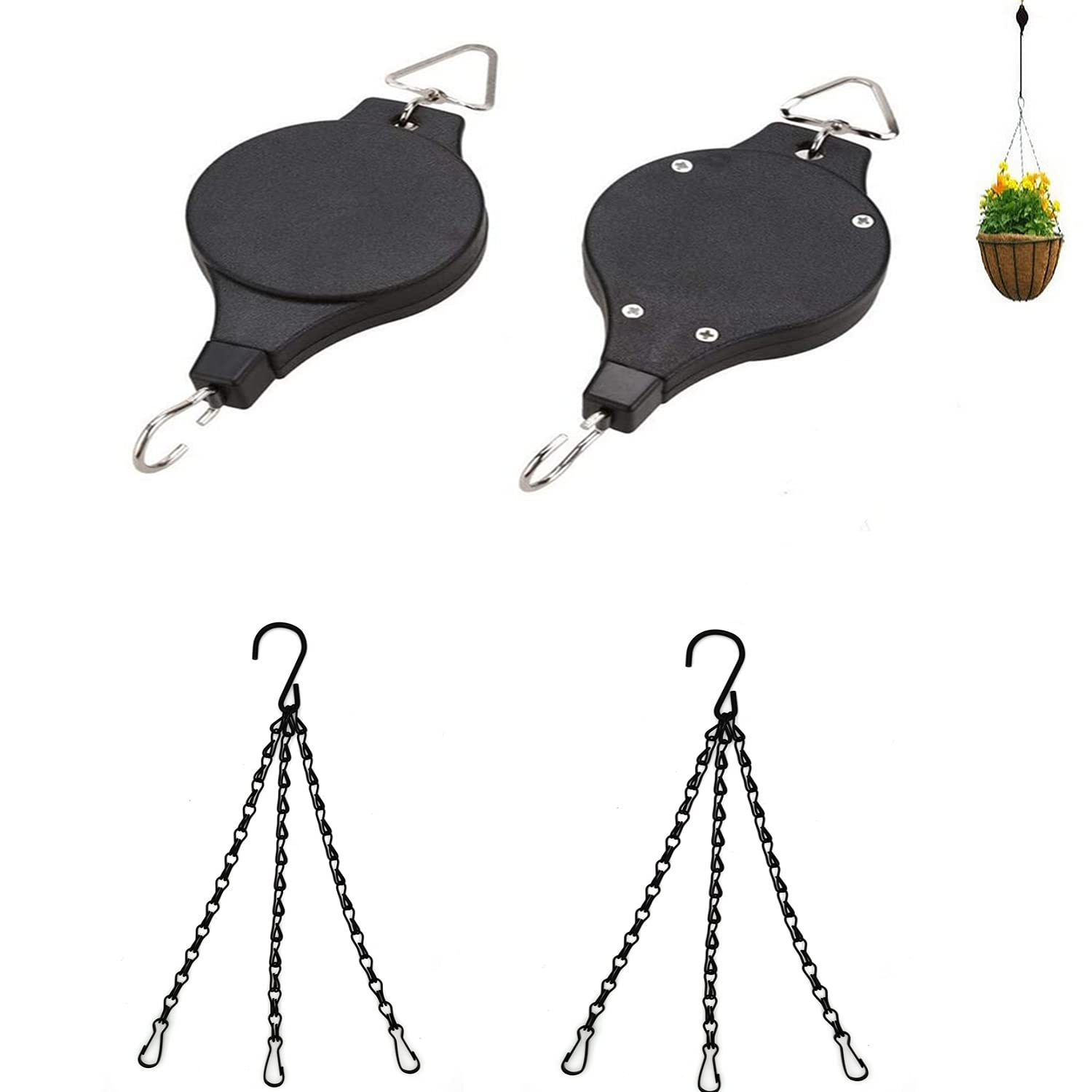 2 Plant Pulleys, Black Hanging Basket Chain, Retractable Hanging Basket Pulley Drop-Down Hanger, Adjustable Telescopic Hook, for Garden Hanging Basket Set