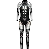 FEOYA Skeleton Jumpsuit for Women Halloween Costume Long Sleeve Skinny Catsuit 3D Print Skull Bodysuit Bone Cosplay Outfit