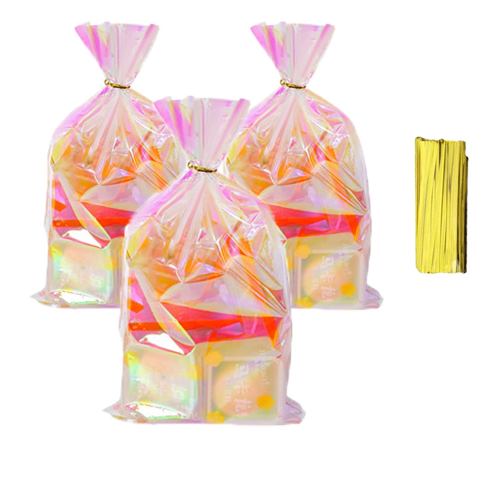 Photo 1 of 50pcs Iridescent Holographic Cellophane Bags,8x14inches Candy Treat Bags Party Favor,Cookie Goodie Bags with 50pcs Gold Twist Ties for Baby Showers Weddings Birthday Christmas Thanksgiving Halloween