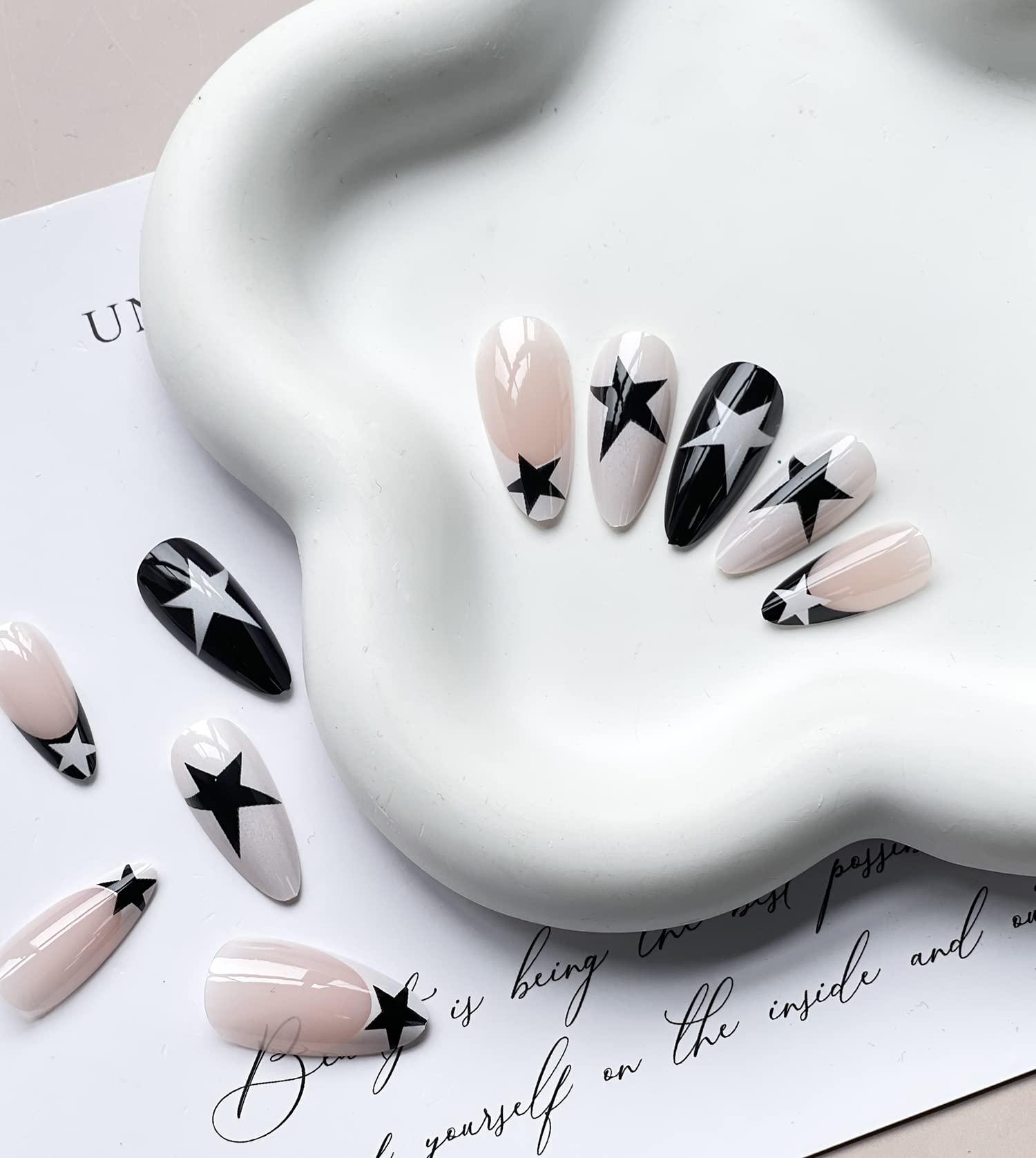 Press on Nails Medium Almond French Tip Fake Nails Full Cover False Nails with Black and White Stars Designs Y2K Press on Nails Glossy Glue on Nails Artificial Acrylic Nails for Women Girls 24 pcs - Image 2