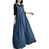 Denim Jumper Dress for Women Maxi Loose Adjustable Straps Long Jean Dresses Plus Size Overall Dress with Pockets