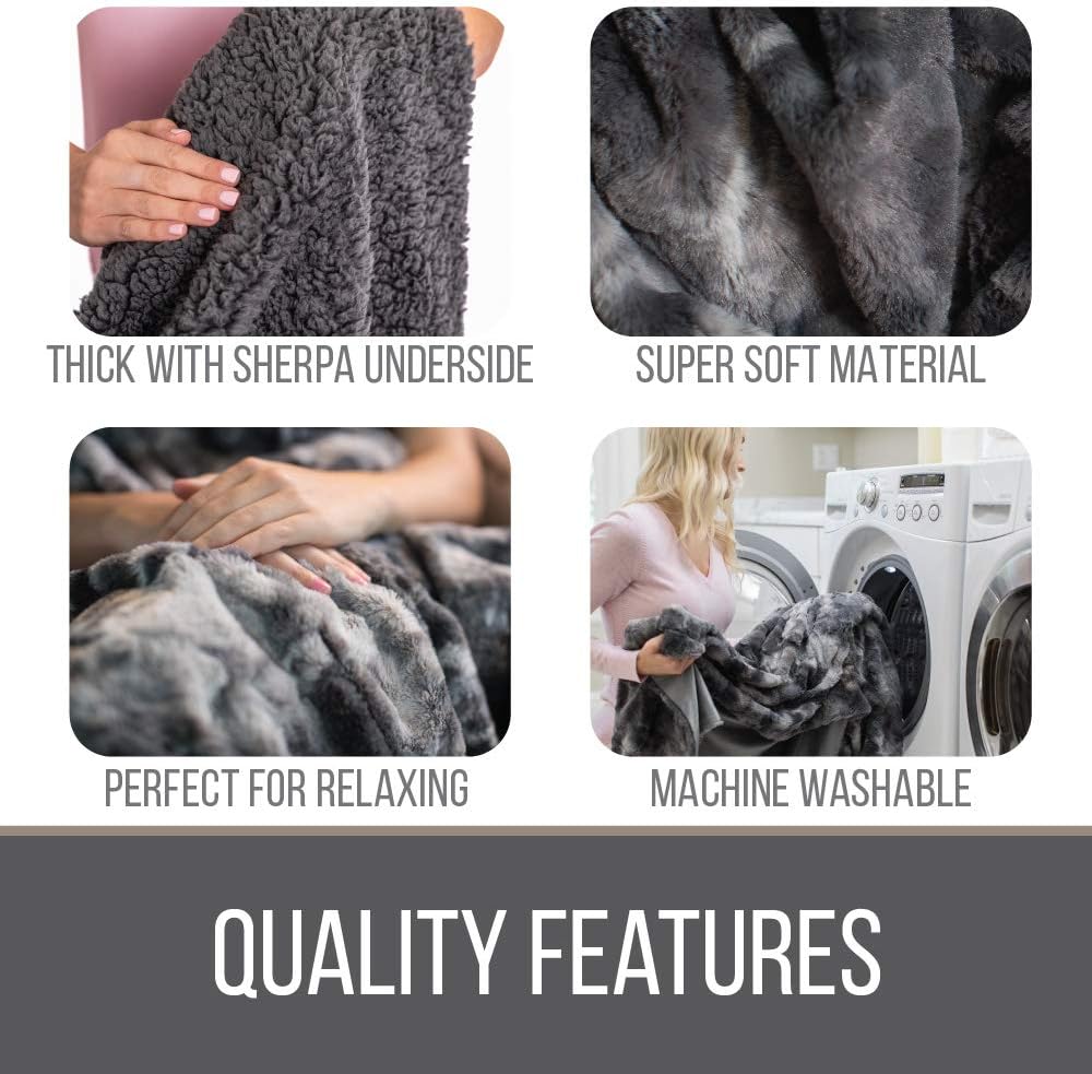 The CONNECTICUT Home Company Luxury Faux Fur with Sherpa Reversible Throw Blanket, Super Soft, Large Wrinkle Resistant Blankets, Warm Hypoallergenic Washable Couch or Bed Throws, 70x60, Black: Home & Kitchen