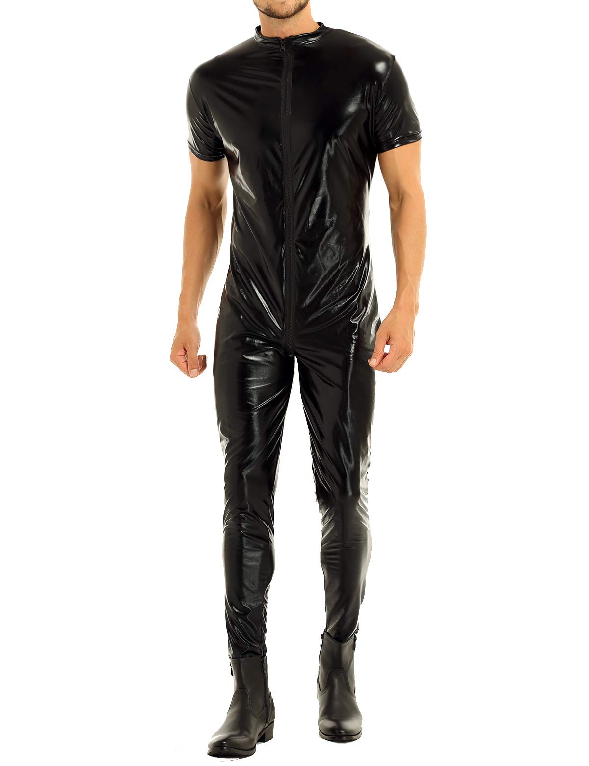 Buy Sexy Men's Wet Look Leather Bodysuit Leotard Zipper Zentai Catsuit