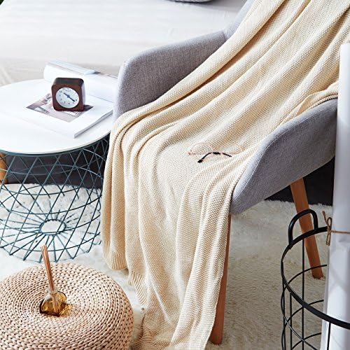 ANJUREN Cotton Knit Reversible Lap Throw Blanket for Couch Sofa Chair Bed Home Decorative Adults Teens Baby Travel Lightweight Soft Cozy Knitted Blankets cover (Beige, 33.5x55 inches)