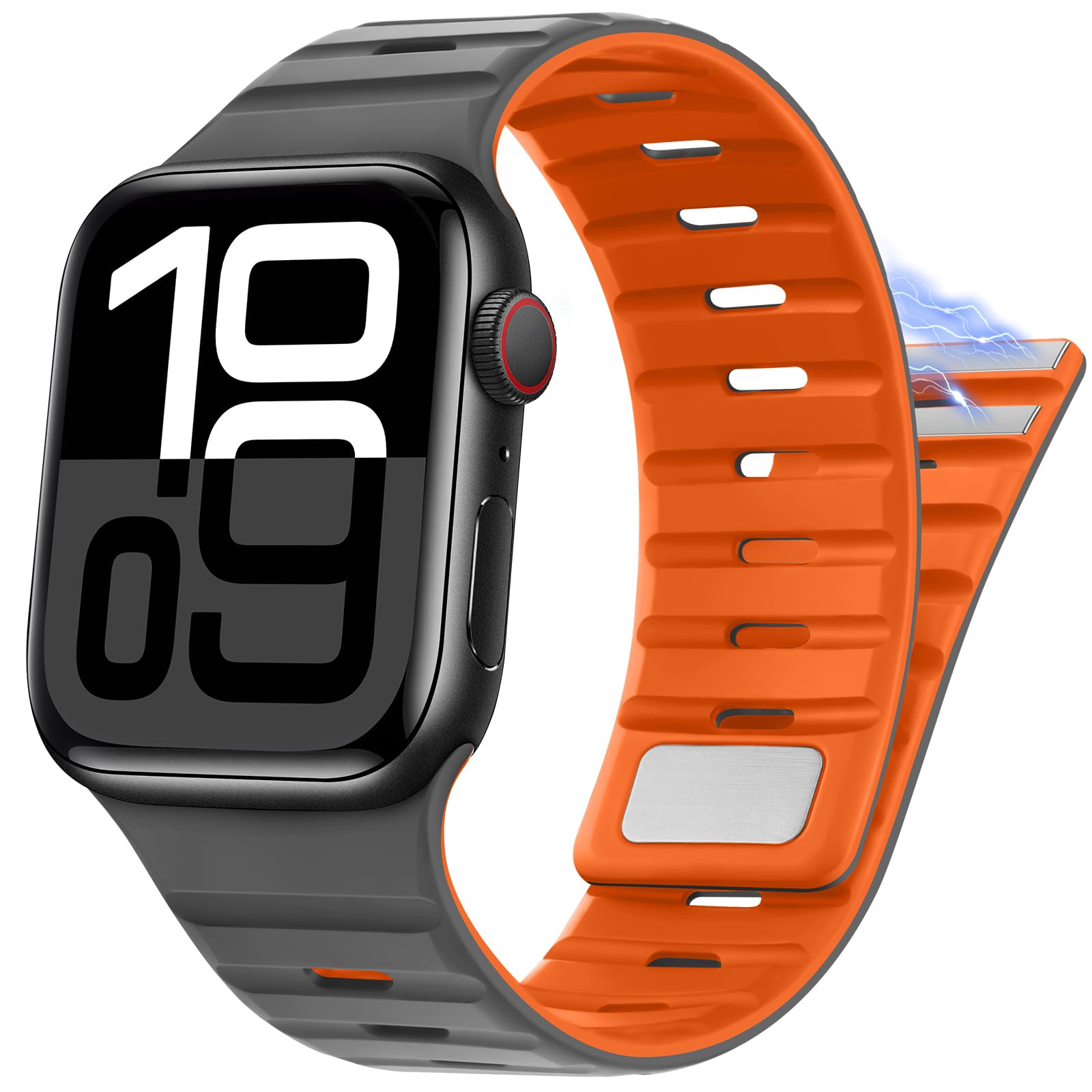 Suphart Compatible with Apple Watch Strap 49mm 46mm 45mm 44mm 42mm 41mm 40mm 38mm, Magnetic Silicone Sport Strap for Apple Watch Ultra 2 Ultra SE Series 10 9 8 7 6 5 4 (42/41/40/38, Gray Orange