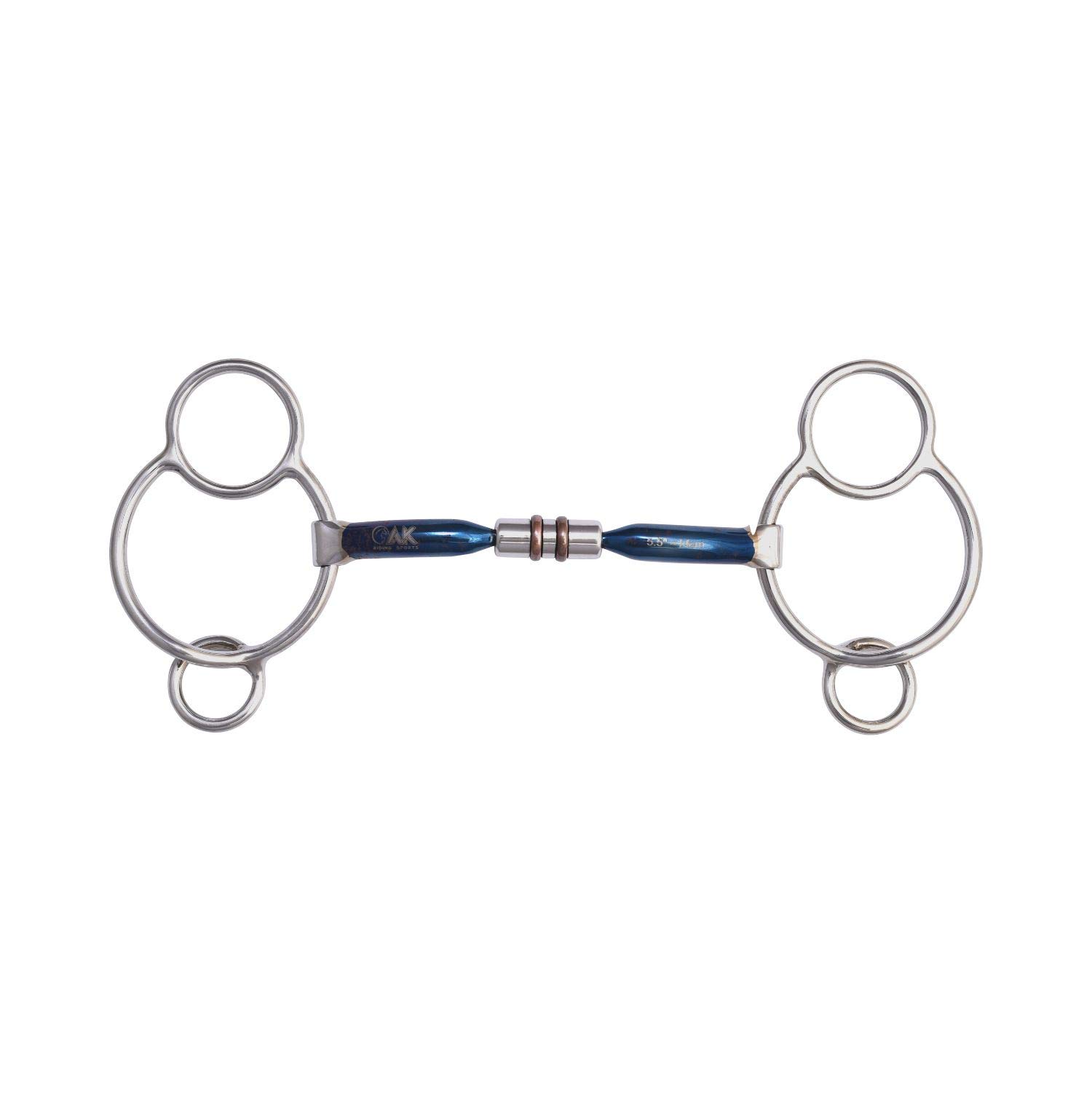 AK Universal Loose Ring Rotary Double Cooper Roller Snaffle Horse Riding Bit Sweet Iron AKRS-2637 (4.75'', Blue-Silver)