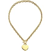 WangGao Stainless Steel Charms Buckle Toggle Choker 18inches Chunky Chain Big Heart Pendant Necklaces for Women Lover Jewelry,Gold Color
