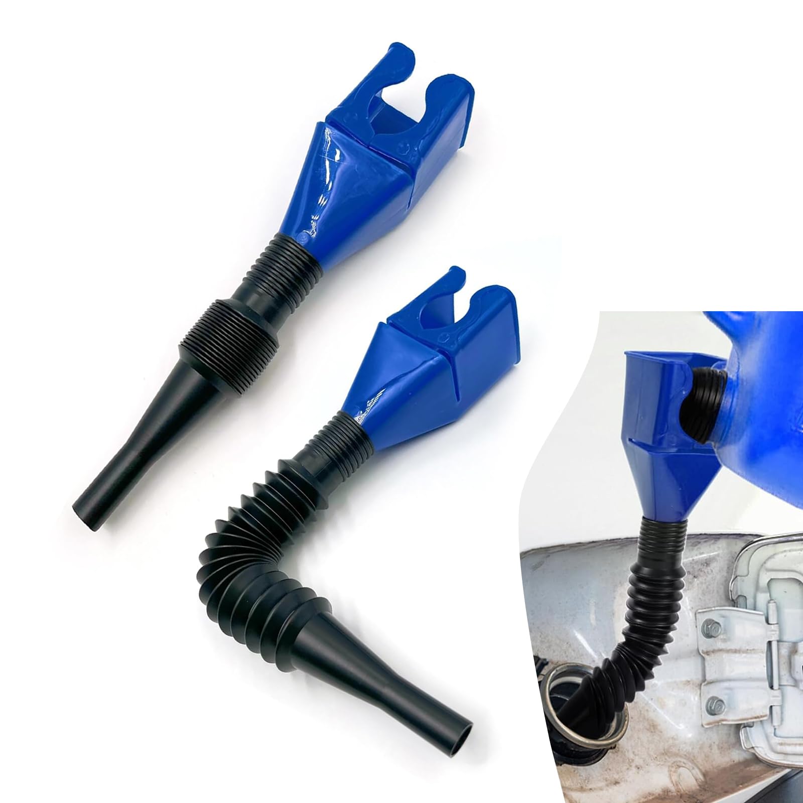 Photo 1 of Sumjig 2 PCS Car Flexible Oil Draining Funnel, 8.07" x 1.77" Plastic Foldable Hands-Free Fueling Funnel, 4.72"-8.07" Retractable Portable Multi-Function Accessory, for Most Cars, Motorcycles (Blue)