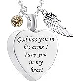 God has You in his arms with Angel Wing Charm Cremation Ashes Jewelry Keepsake Memorial Urn Necklace with Birthstone Crystal