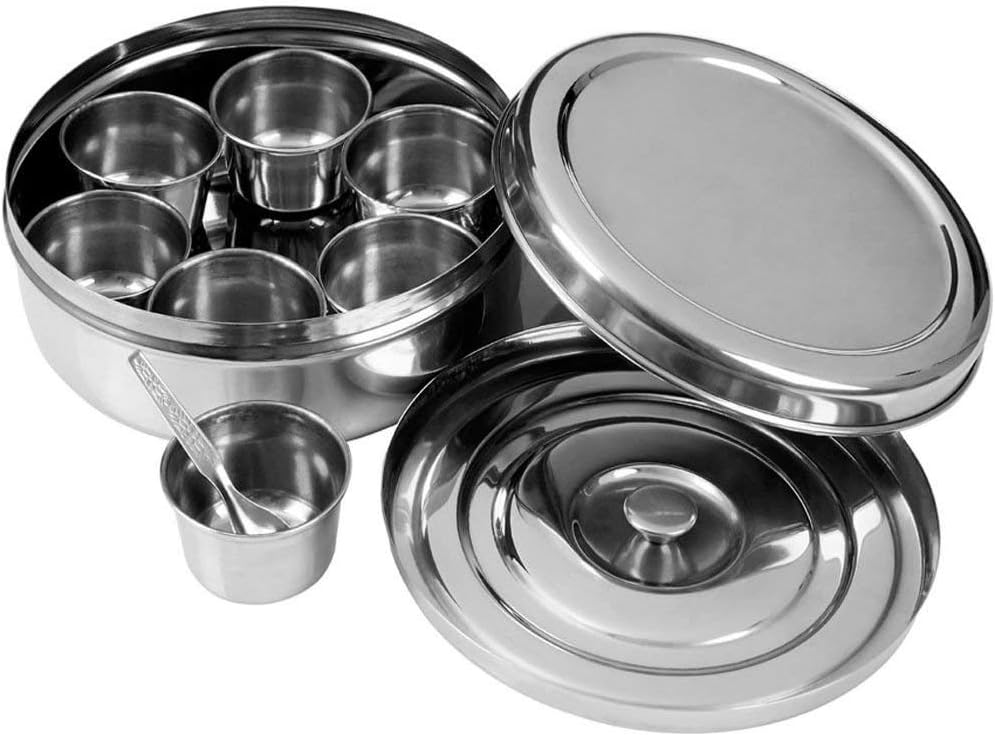 Stainless Steel Round Indian Spice Box with 7 Containers