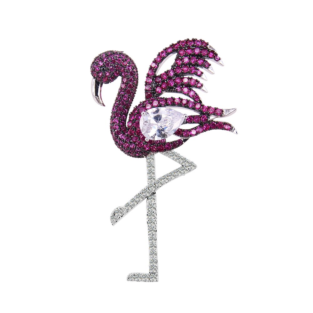 BiBeary Women Elegant Zirconia 3D Purple Flamingos Bird Fashion Party Brooch Silver-Tone