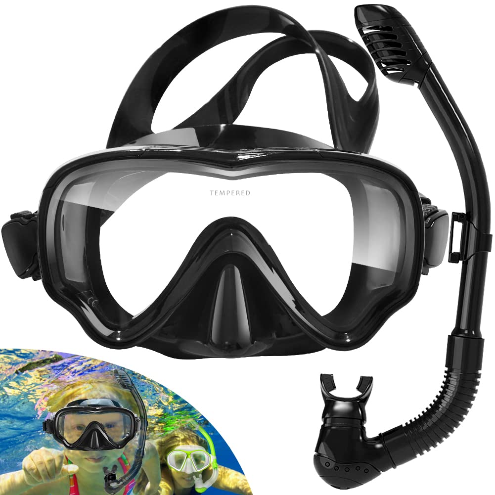 HINATAA Snorkel Set Adults/Kids, Panoramic 180° Wide View Scuba Mask, Anti-Fog Anti-Leak Tempered Glass Safety Scuba Diving Mask, Free Breathing Easy Dry Top Snorkel, Adjustable Strap (Black/Kids)