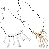 Cunno 2 Pieces Halloween Bone Necklace Skull Pendant Necklace Tooth Hand Bone Halloween Choker Necklace Prehistoric Caveman Costume Jewelry Accessories for Cosplay Party Bar Decor