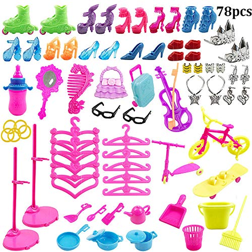 HolidayWow 88Pcs accessori per Barbie Doll vestiti abito partito abiti-10 pezzi abiti da festa e 78 PC biciclette scarpe famiglia per il regalo di compleanno ragazza