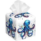 Watercolor Blue Octopus Tissue Box Cover Square Leather Tissue Holder Decorative Facial Tissue Cube Paper Cover Case Organizer for Bathroom Night Stands Desk Tabletop Living Room Home
