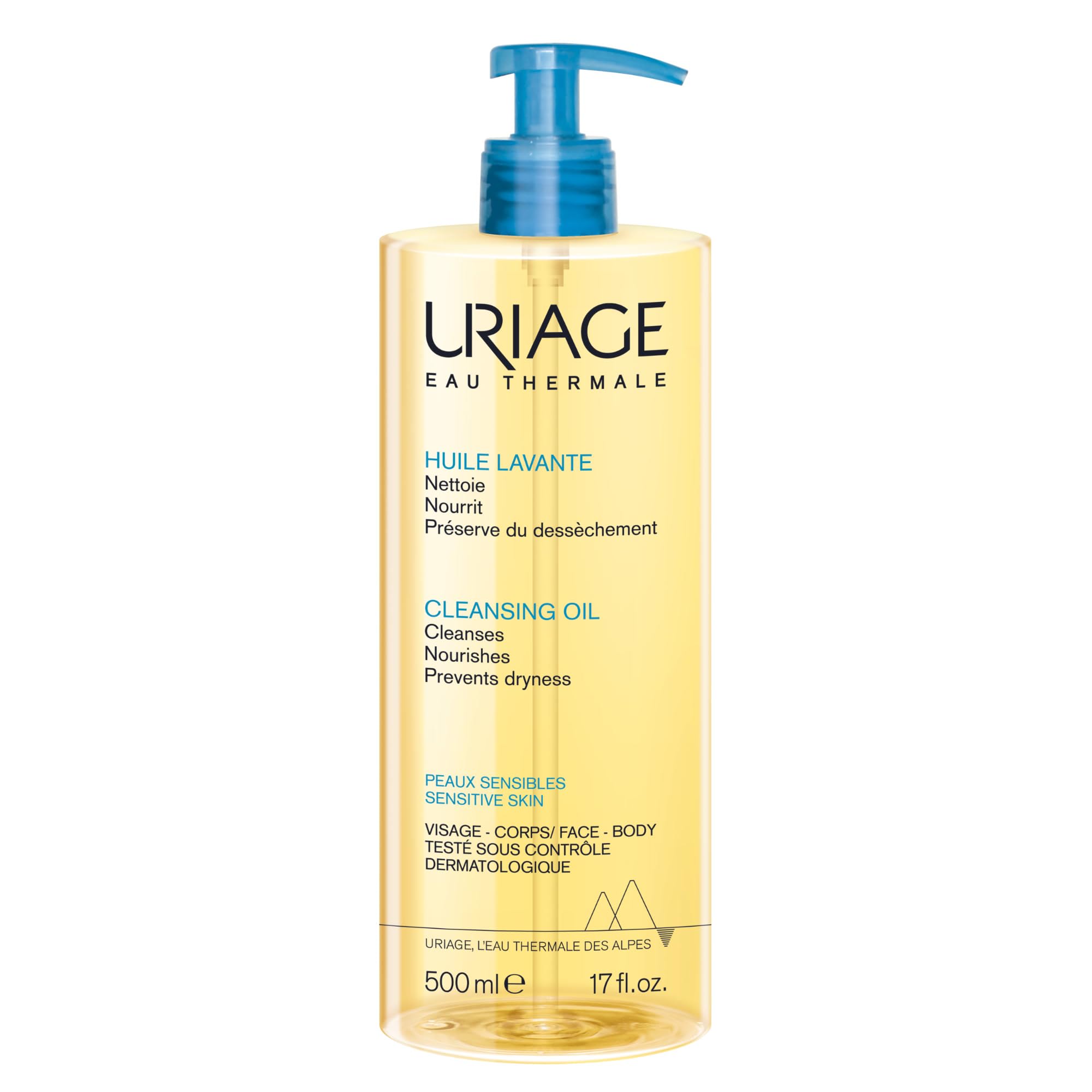 Uriage Shower Oil 500 mL – Face & Body Wash – Dry & Sensitive Skin - Cleanses, Nourishes, Prevents Dryness – 25% Glycerin & Extra-Rich Agents – Physiological pH – Soap-Free