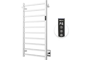 P&Bhusri Heated Towel Rack, 10-Bar Towel Warmer Rack for Bathroom, Wall Mounted Electric Towel Rack with Timer and LED Indicator, Stainless Steel Polished, Hard-Wired/Pulg-in