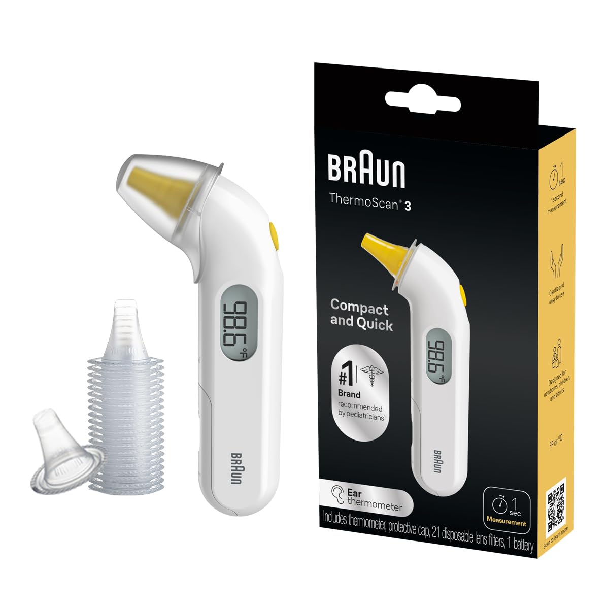 Braun ThermoScan 3 Ear Thermometer, Fast 1 Second Measurement, Audio Fever Indicator, Digital Display, Baby and Infant Friendly, No. 1 Brand Recommended by Pediatricians