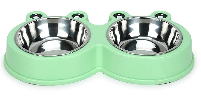 Nazar Battu Dog Bowls Stainless Steel Pet Dog Cat Double Bowl Feeder Set for Small Medium Dog Food Water Feeding Dogs Cats Water Food Feeder Dishes Cute Frog Shape