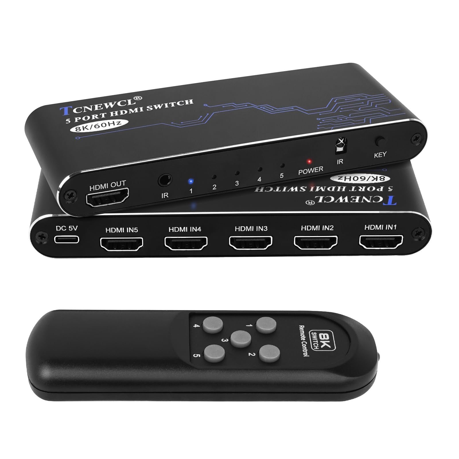TCNEWCL 4K 120Hz HDMI Switch 5 in 1 Out, 8K 60Hz 5 Port HDMI 2.1 Switcher 5x1 Selector Video Switcher with Remote Control for PS5/PS4/Xbox/Blu-Ray Player/HDTV/DVD