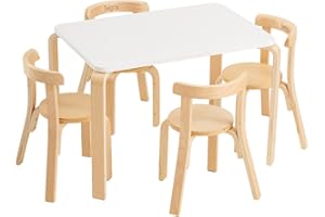 Swegrow Kids Table and 4 Chairs Set, Wooden Table and Chairs for Kids & Toddler，Kid Wooden Furniture for Playroom/Home/Kindergarten