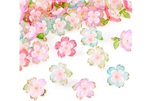 30Pcs Transparent Acrylic Flower Chamrs Double Petal Floral Pendants with Leaf Golden Metal Enlaced Crafts for DIY Jewelry Ma