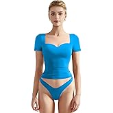 SUUKSESS Women Double Lined Fitted Basic Tee Sweetheart Neck Short Sleeve Y2K Crop Top