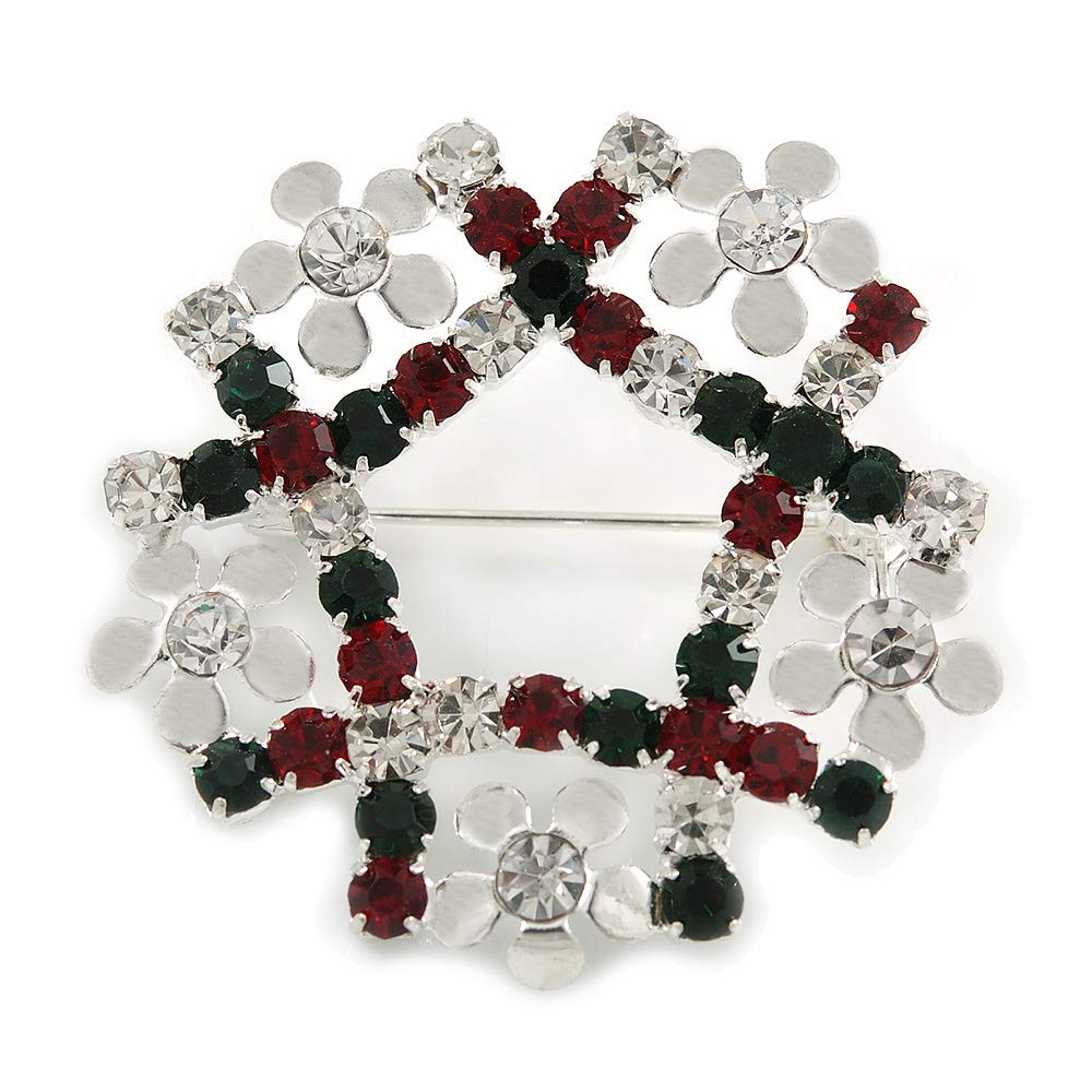 Red/Green/White Crystal Christmas Holly Wreath Brooch In Silver Plating - 3.5cm Diameter