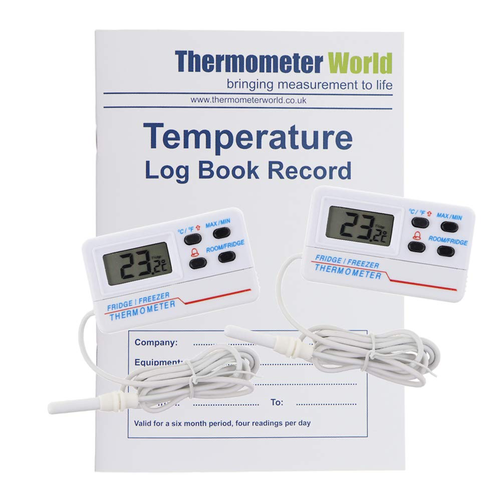 Temperature Log Book with 2 x Digital Fridge Freezer Thermometers with Temperature Warning Alarm and Max Min Feature and 1.2m Cable