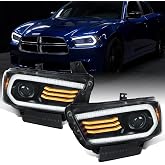 Ronnin - Fits 2011-2014 Dodge Charger LED DRL Projector Headlights Pair | For Factory HID/Xenon Models, Switchback Sequential Turn Signal, Animated Startup Effect, Headlamps Assembly | Black
