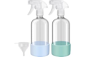 BEALEE Glass Spray Bottles with Silicone Sleeves (2 Pack, 16 oz), Mist and Stream Empty Refillable Containers, Water Sprayer Misting Bottle for Cleaning Solutions, Planting, Hair Spraying, Green & Grey