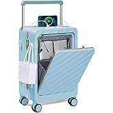 Somago Carry On Luggage Wide Handle 20 Inch Suitcase with Front Compartment Aluminum Framed PC Hardside 22x14x9 No Zipper Business Baggage with Spinner Wheels USB Charging Port TSA Lock (Light Blue)