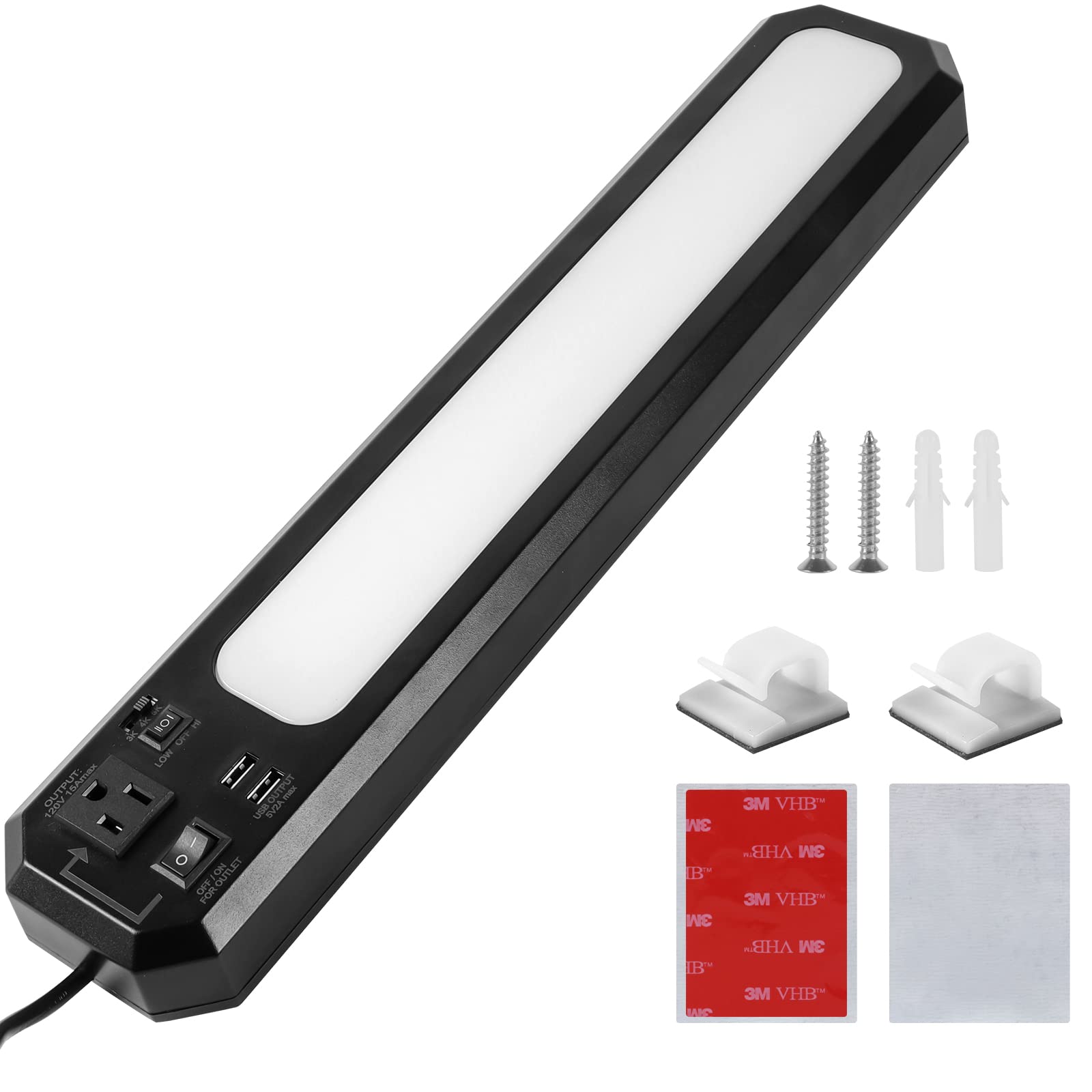 Photo 1 of 18inch Plug-in Under Cabinet Lighting, 1000LM Led Under Counter Light with 5ft Corded, 2USB Port, 120volt 3-Prong Power Outlet, 3000K/4000K/5000K High/Low Switch for Garage, Workbench, Shop, Kitchen