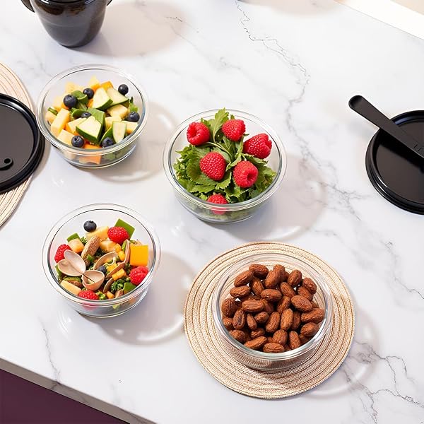 B.GUBOBOYA 1.5 CUP ROUND GLASS FOOD CONTAINERS WITH LIDS AND FOLDING SPOON, ROUND SMALL FOOD CONTAINERS WITH LIDS, 12OZ GLASS LUNCH BOWLS FOR OFFICE MEALS, MICROWAVE, FREEZER, DISHWASHER SAFE (4 PACK)